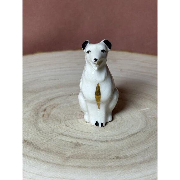 Unbranded Other - Vtg Mini Porcelain Vase Dog Figurine Pitcher Terrier Puppy White Gold Doll House
